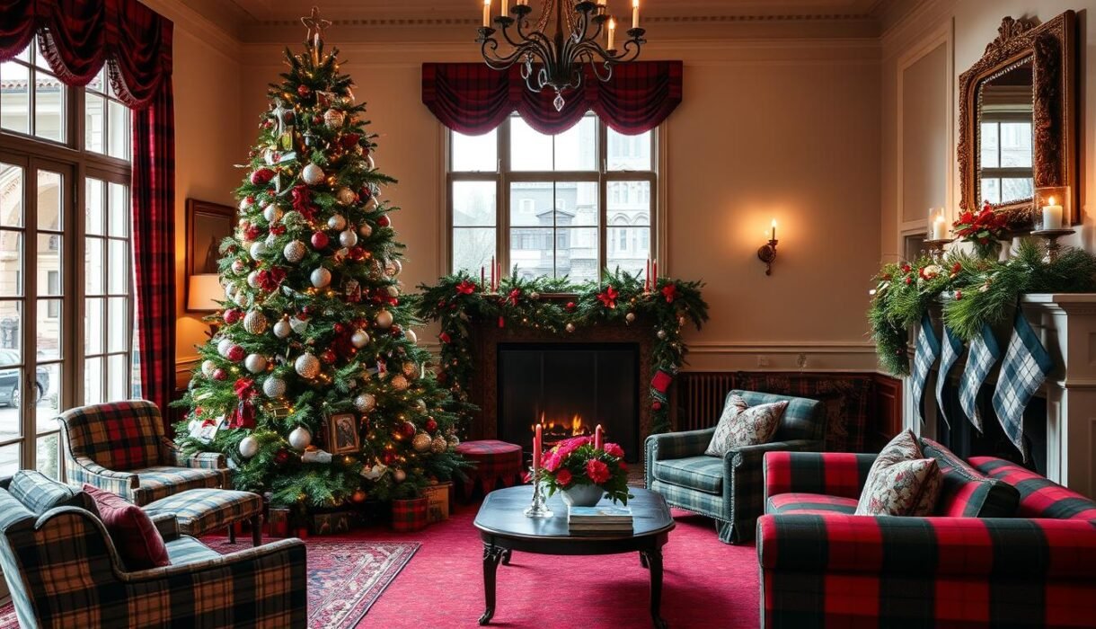 A living room decorated in Ralph Lauren Christmas style with tartan patterns, silver ornaments, and lush greenery