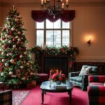A living room decorated in Ralph Lauren Christmas style with tartan patterns, silver ornaments, and lush greenery