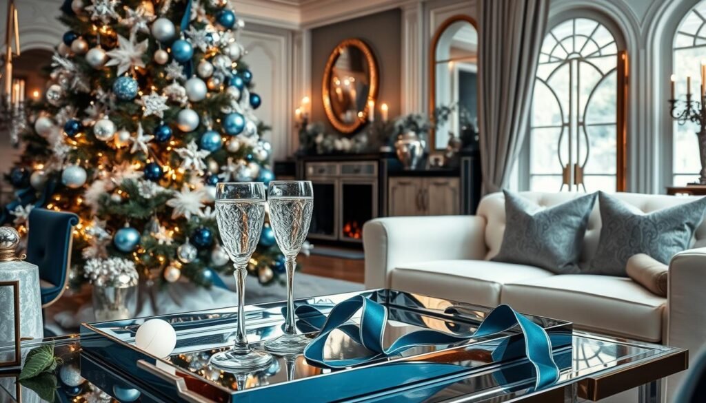Art Deco inspired Christmas decor with blue and silver color scheme