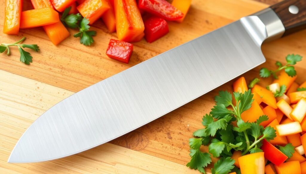 Chef's knife chopping vegetables on a wooden cutting board
