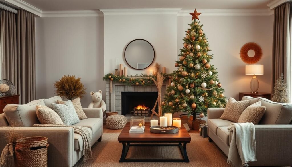 Christmas decor in warm neutral tones with natural textures