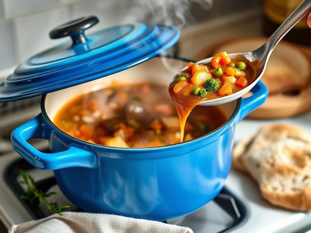 Colorful enameled Dutch oven with soup being served