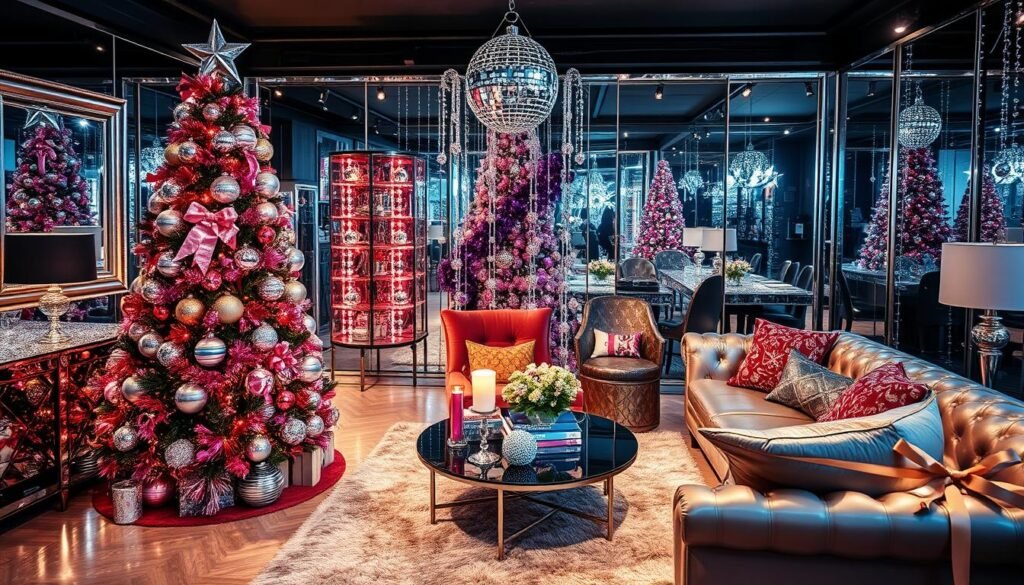 Disco-inspired Christmas decor with metallic ornaments and tinsel