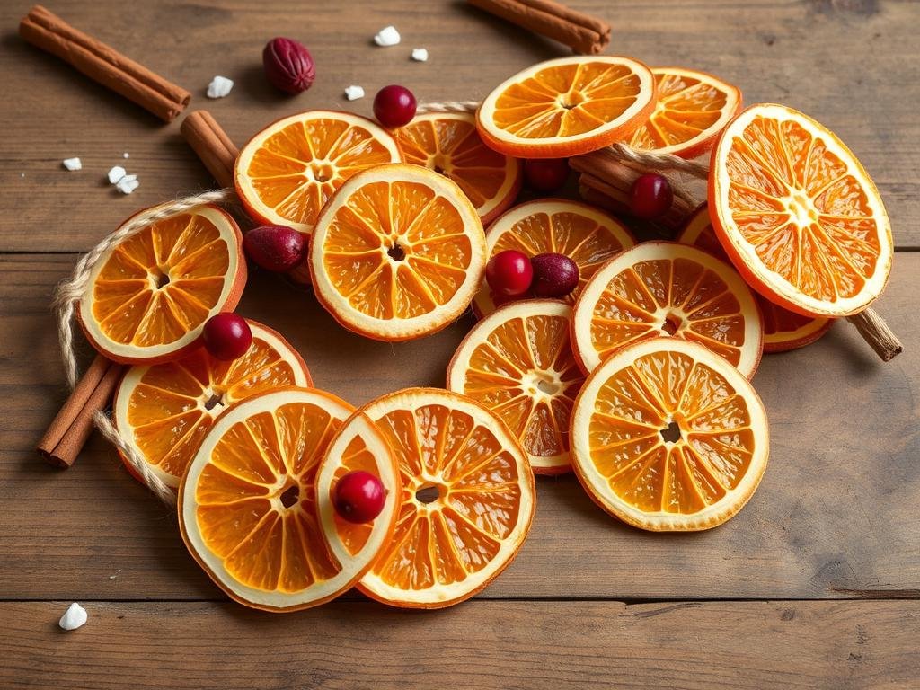 Dried orange slice garland with cinnamon sticks and cranberries