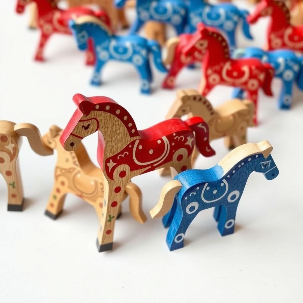 Hand-painted wooden Dala horse ornaments in traditional colors
