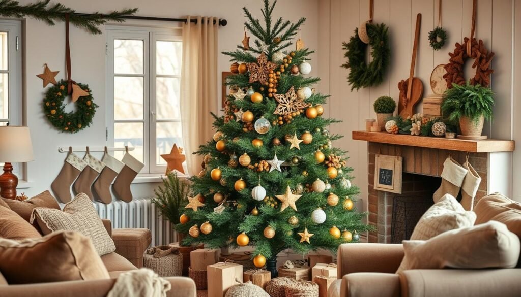 Handmade Christmas decorations including dried citrus garland and paper ornaments