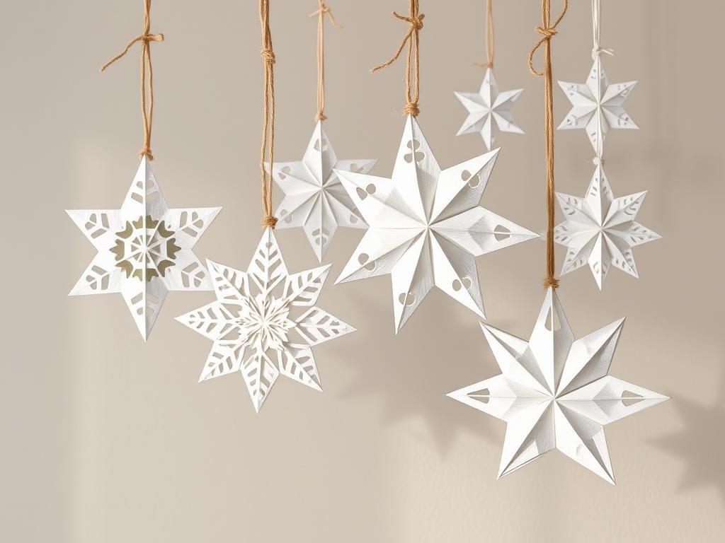 Handmade paper star ornaments in white and natural colors