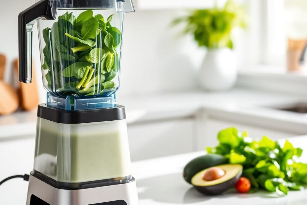 High-performance blender making a green smoothie