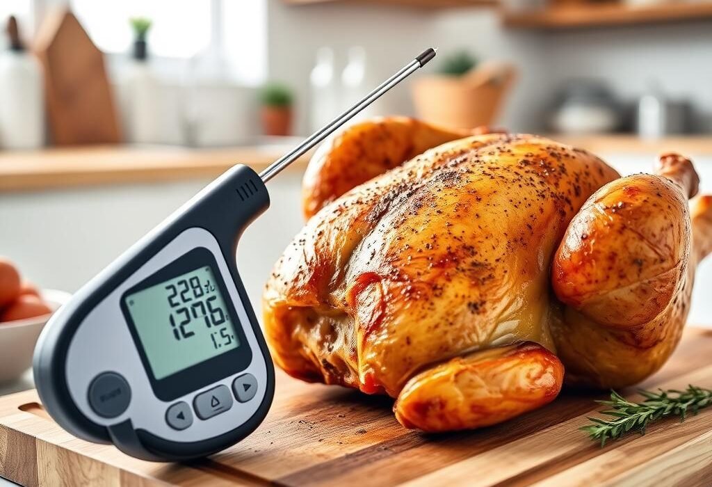 Instant-read thermometer checking the temperature of a roast chicken