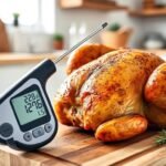 Instant-read thermometer checking the temperature of a roast chicken
