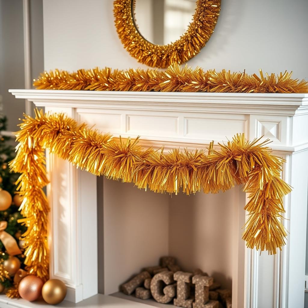 Luxury tinsel garland in gold color draped on mantel