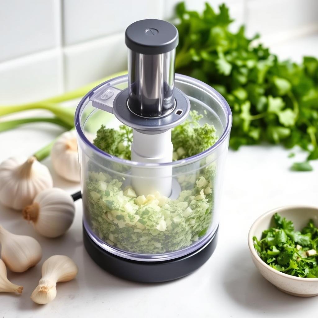 Mini food processor chopping herbs and garlic