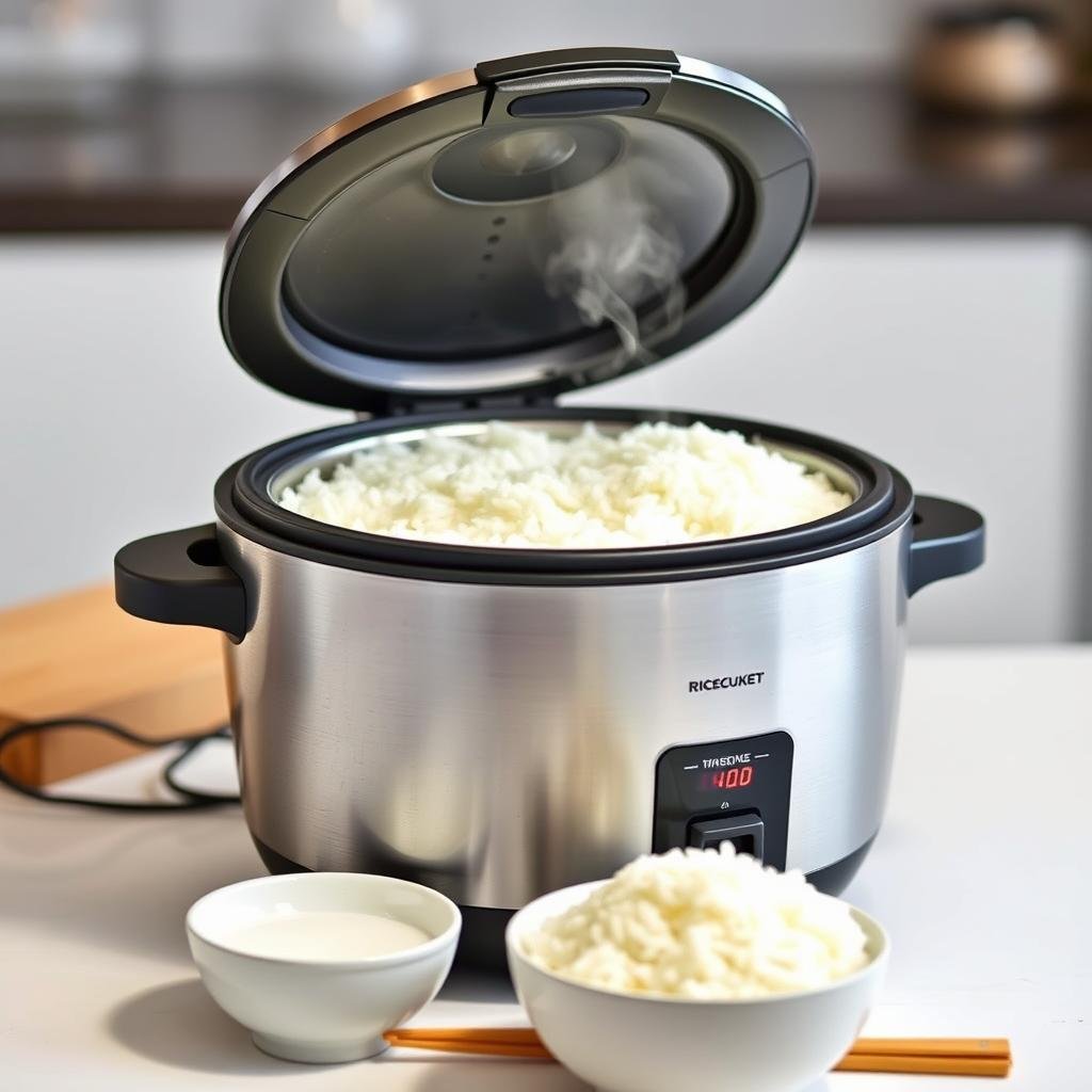 Modern rice cooker with perfectly cooked rice