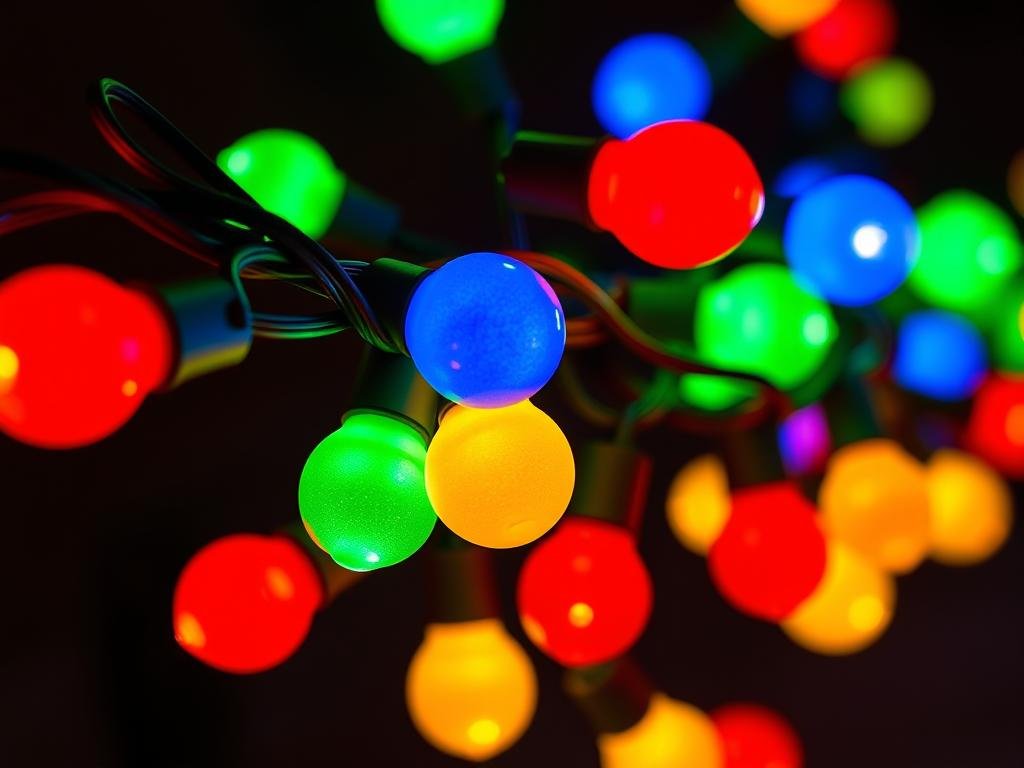 Multicolored Christmas string lights on dark background