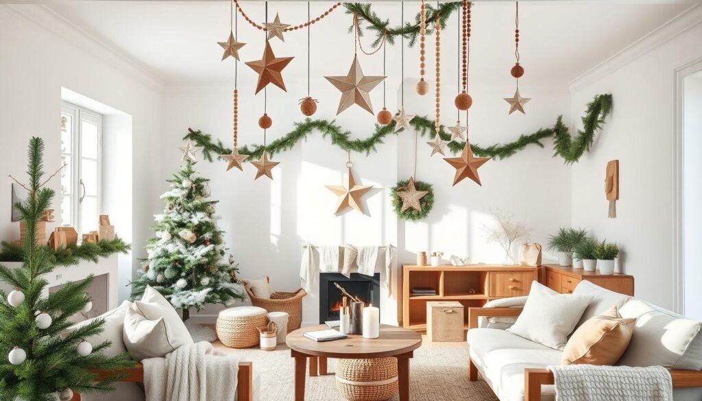 Scandinavian Christmas decor with wooden ornaments, paper stars, and cozy textiles