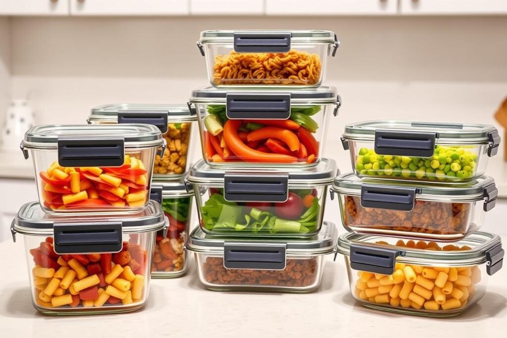 Set of glass food storage containers with prepared meals