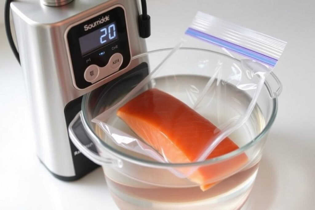 Sous vide machine cooking salmon in a water bath
