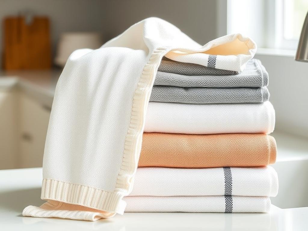 Stack of cotton kitchen towels in various colors