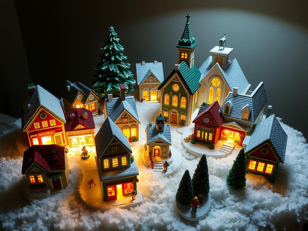 Vintage ceramic Christmas village with illuminated houses