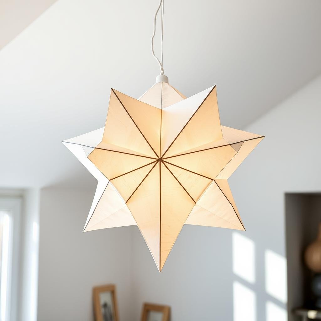 White paper star lantern hanging from ceiling