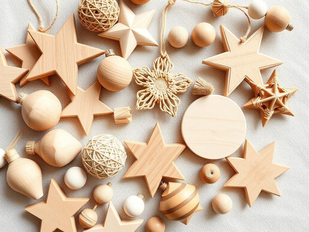 Wooden and natural fiber Christmas ornaments