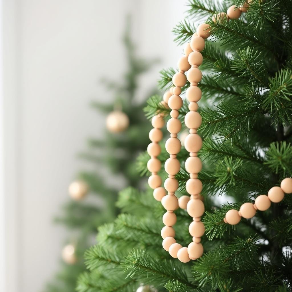 Wooden bead garland draped on a Christmas tree